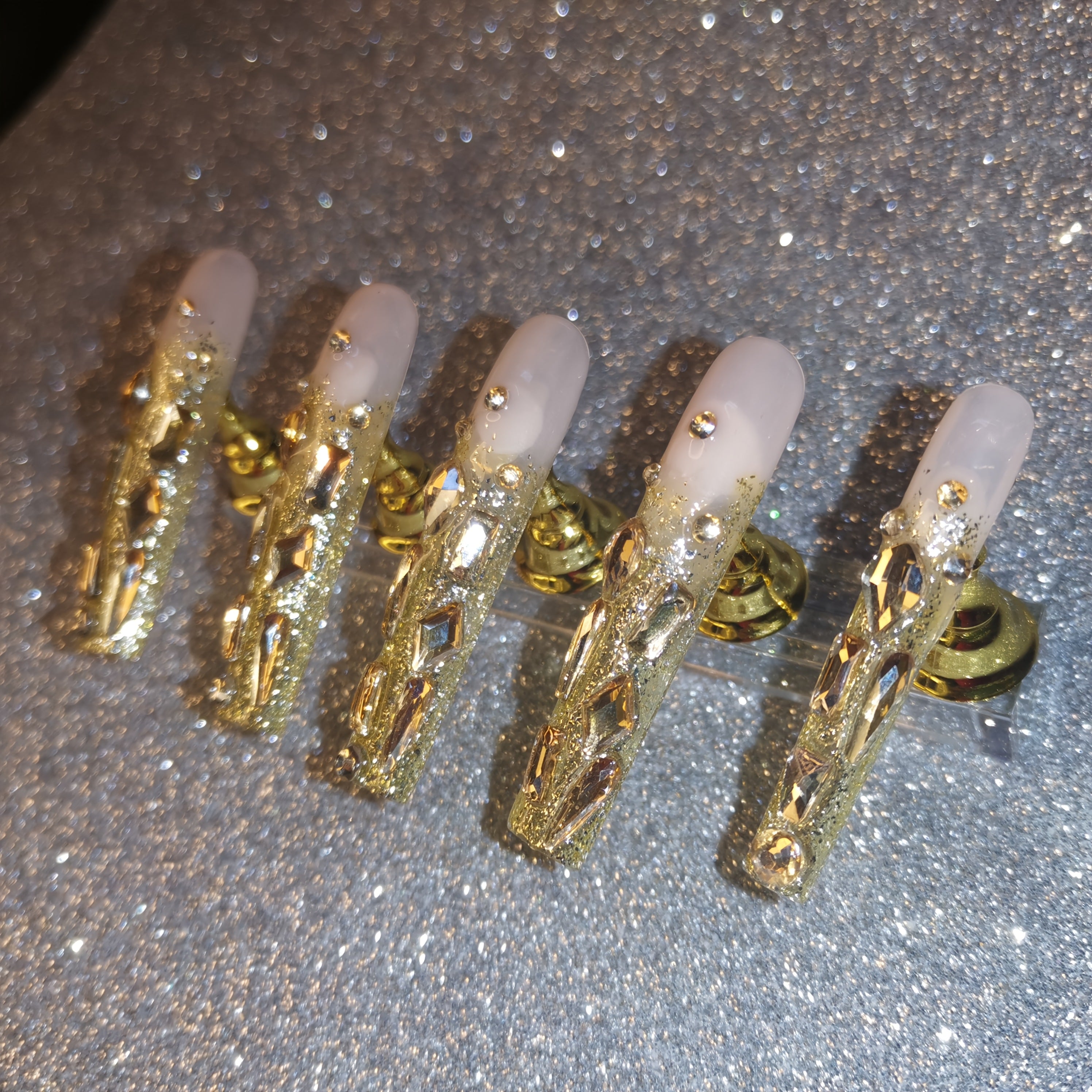 Luxury 10pcs Set Handmade Champagne Golden Full-Coverage Rhinestone Extra-Long Press-On Nails | Party & Salon Accessories | Festive Gift for Women | Golden Glam Art Nails with Ultra-Sparkling Hand-Set Crystals